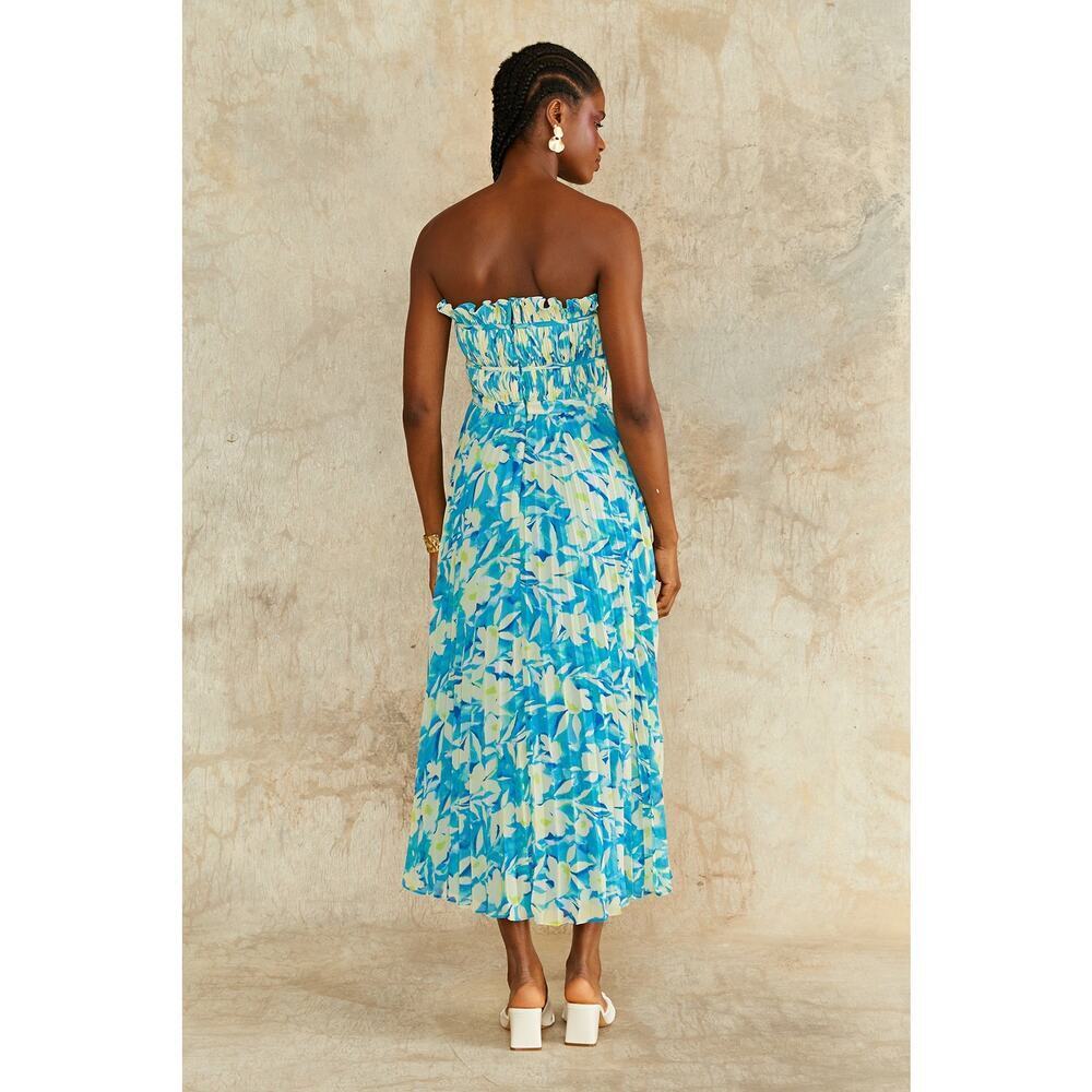 AMUR Scottie Pleated Blue Floral Strapless Midi Garden Party Dress Sz 4 NWOT - Picture 3 of 9